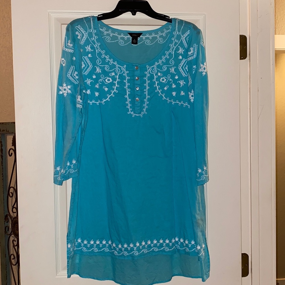 Blue/green tunic. Embroidered top, sleeves and bottom